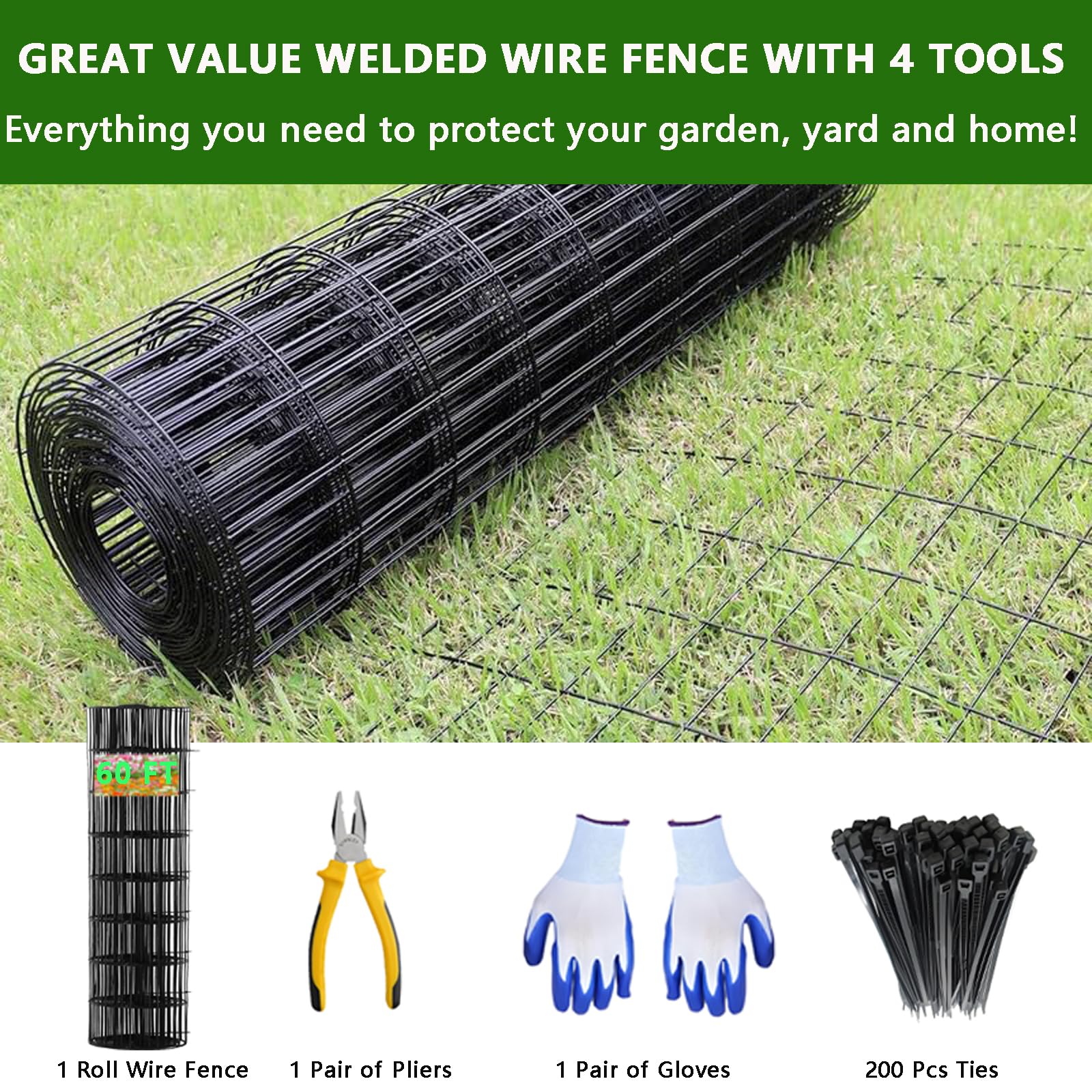 Grillage métallique noir Garvee 2x3 pouces 24x60 pi, fil de soudure calibre 16, revêtement PVC, antirouille, enclos pour jardin et animaux, avec gants et pince