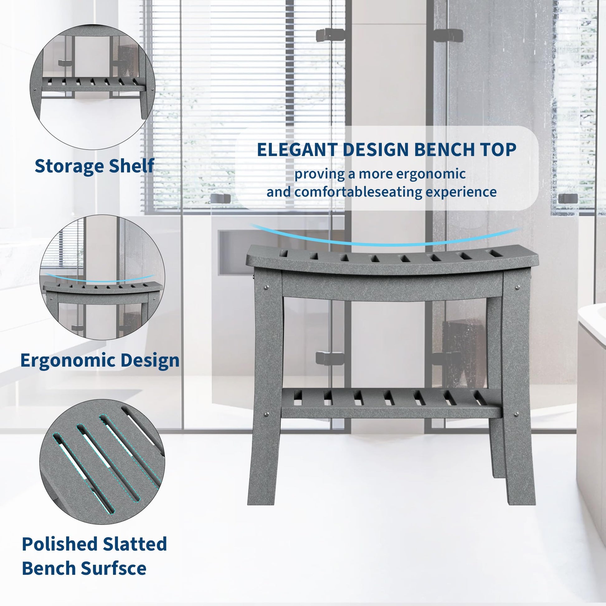 Banc de douche Garvee en PEHD avec étagère pour salle de bain et baignoire, aspect bois, imperméable, facile à nettoyer