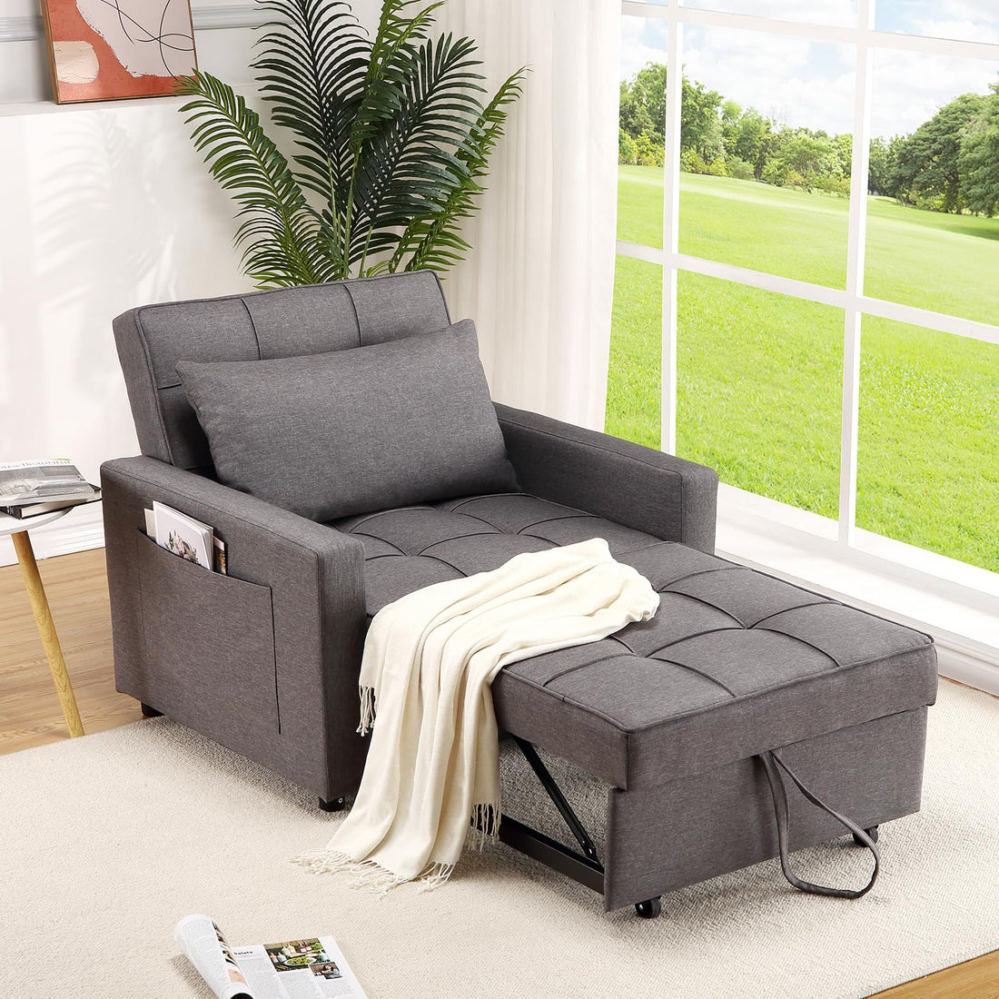 Canapé-lit/fauteuil convertible 3 en 1 Garvee, revêtement en lin, gain de place, 192 x 96 x 59 cm, gris foncé