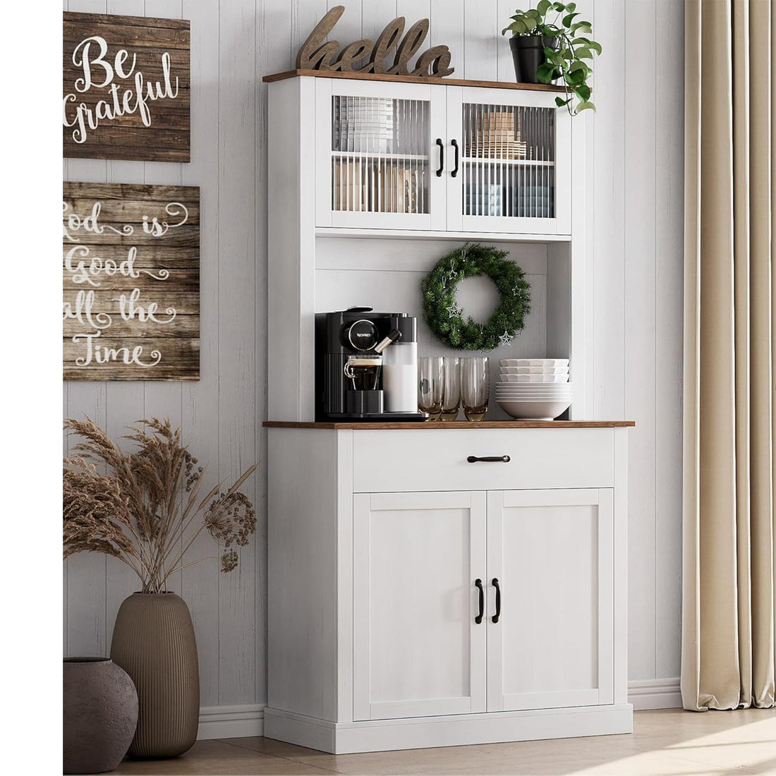 Meuble de cuisine Garvee, 180 cm de haut, avec étagères réglables et façade en verre blanc, pour micro-ondes et salle à manger.