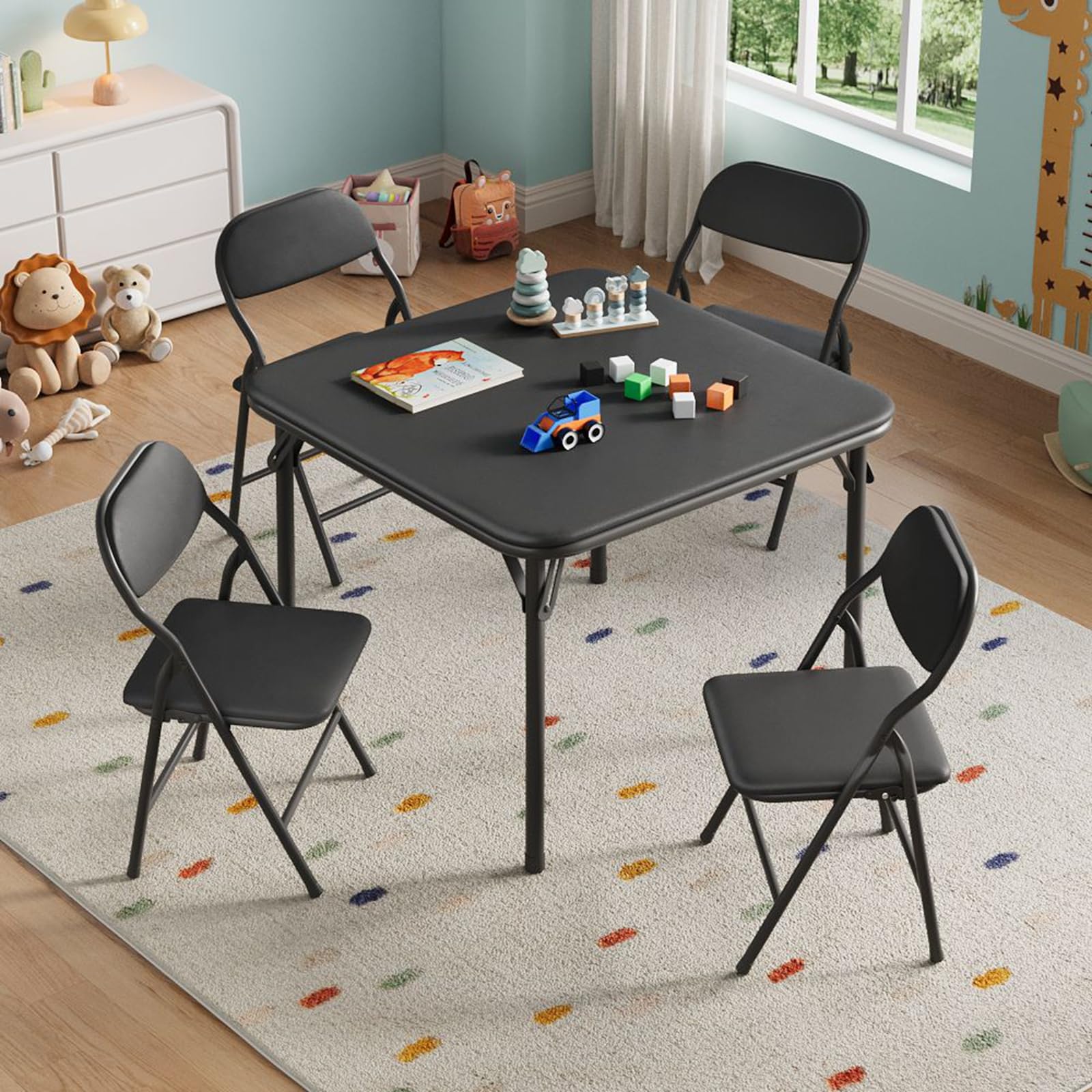 Ensemble table et chaises pour enfants Garvee 5 pièces, pliable, en métal robuste et cuir PU, pour chambres d'enfants et usage extérieur