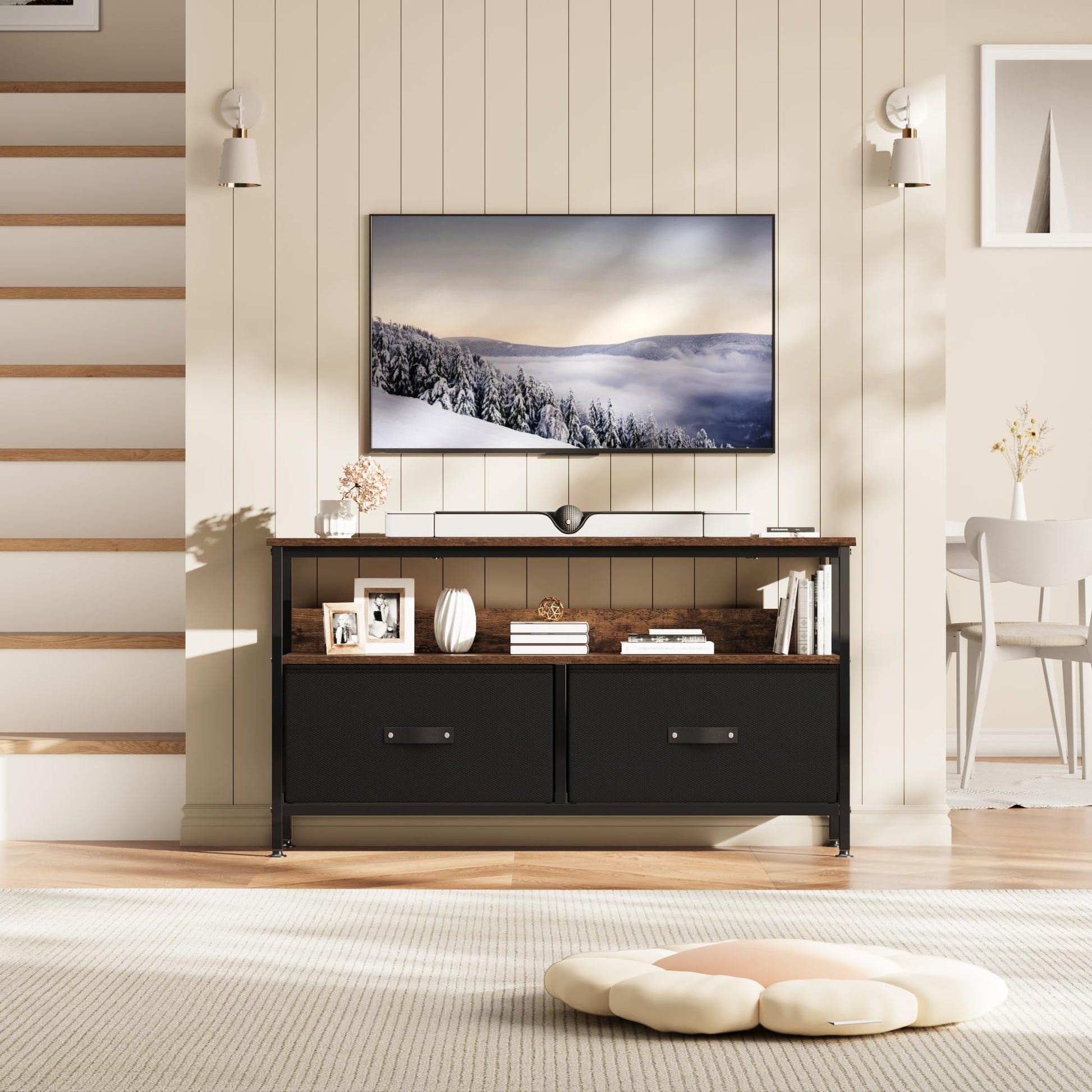 Garvee Meuble TV 127 cm, style commode compacte avec 2 tiroirs, bois brun/noir rétro pour salon et chambre