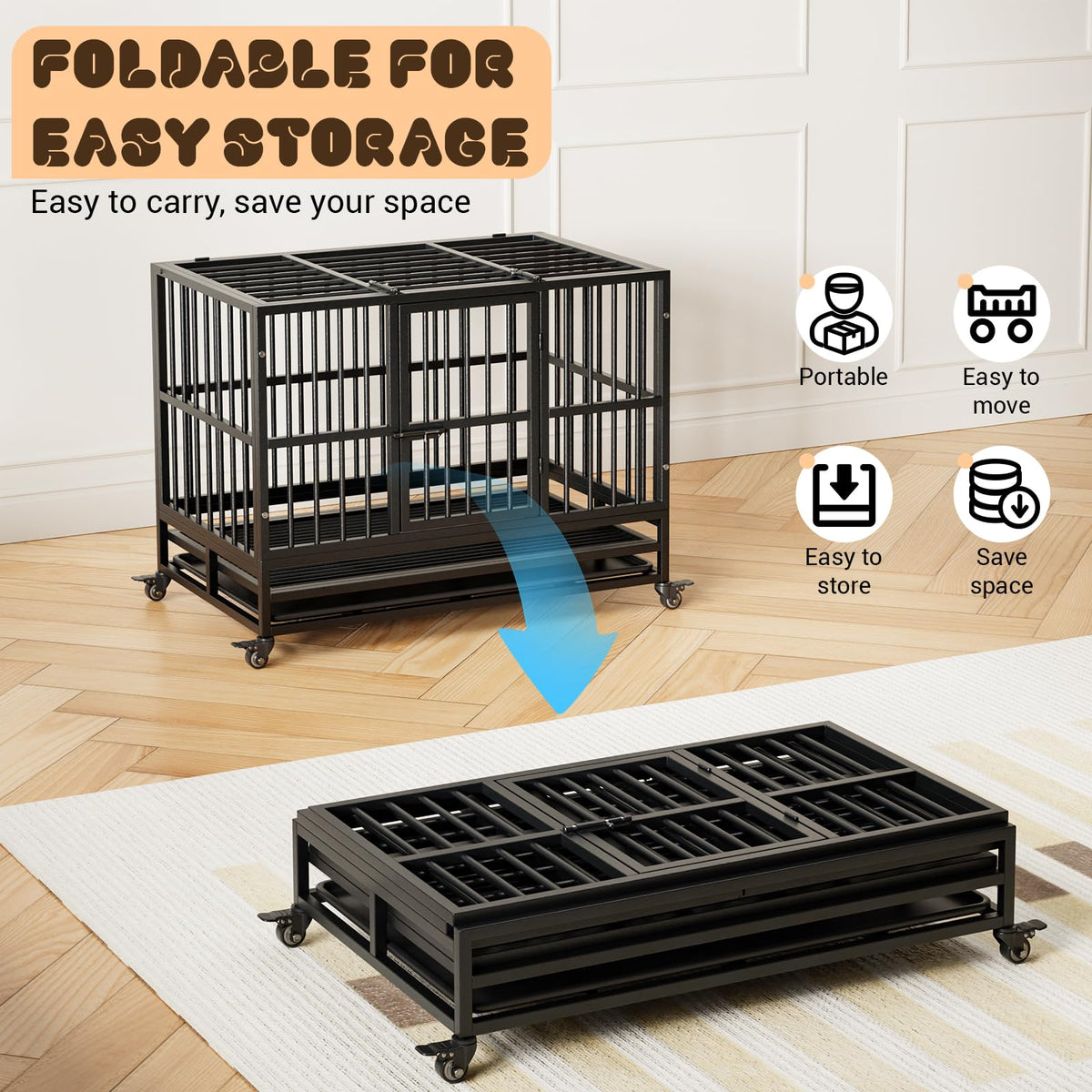 Cage de transport robuste Garvee pour chien, 94 cm (37 pouces), avec double porte, roulettes pivotantes à 360°, en métal, pliable, pour chiens de petite et grande taille, usage intérieur.