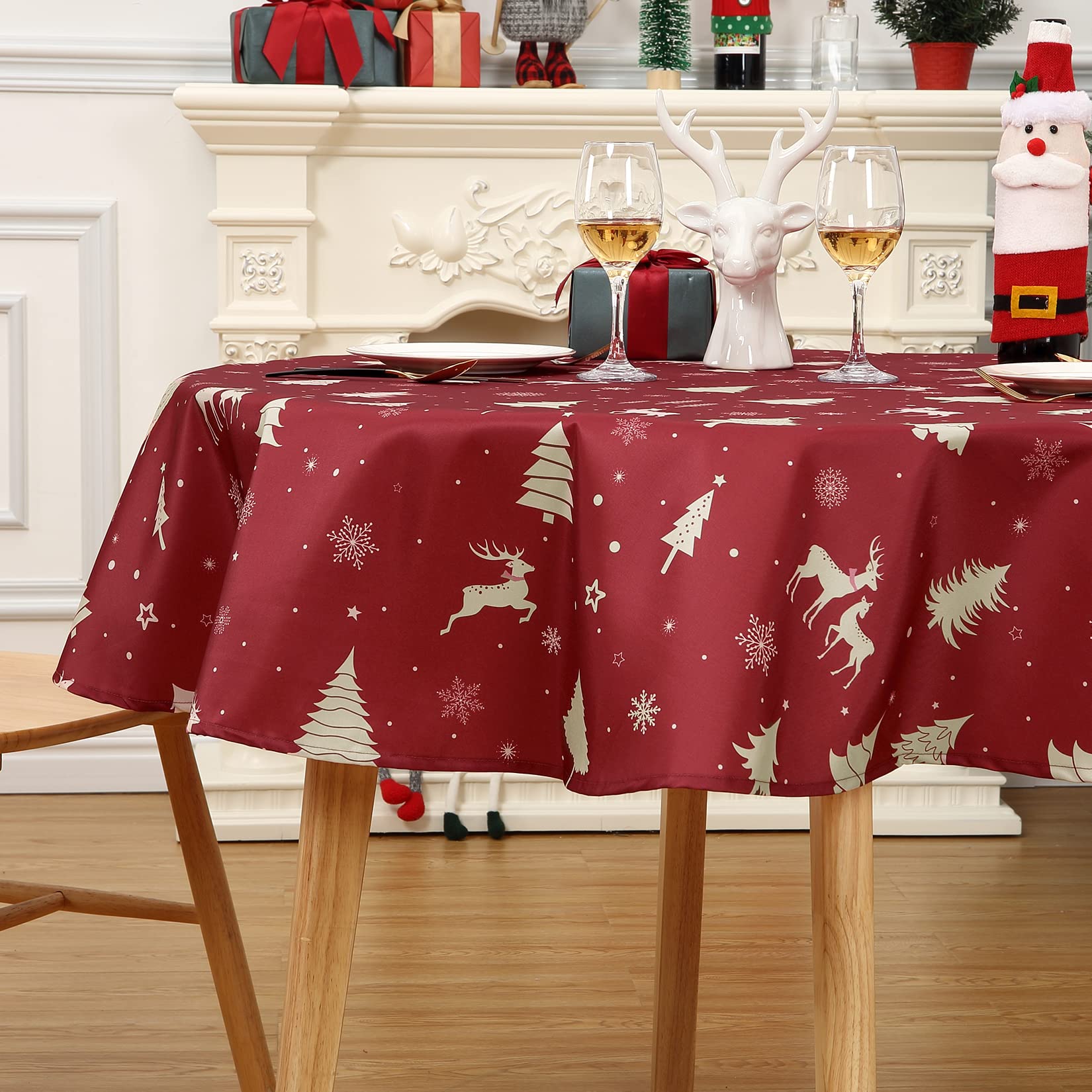 Nappe de Noël ronde GARVEE 152 cm, imperméable et lavable, couleur or, idéale pour les fêtes, la cuisine et la salle à manger. Parfaite pour une décoration festive.