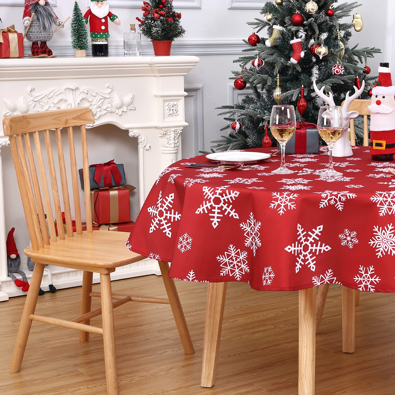 Nappe de Noël ronde Garvee à motif flocons de neige, déperlante, en polyester, rouge et blanche, 152 cm (60 pouces), décoration hivernale