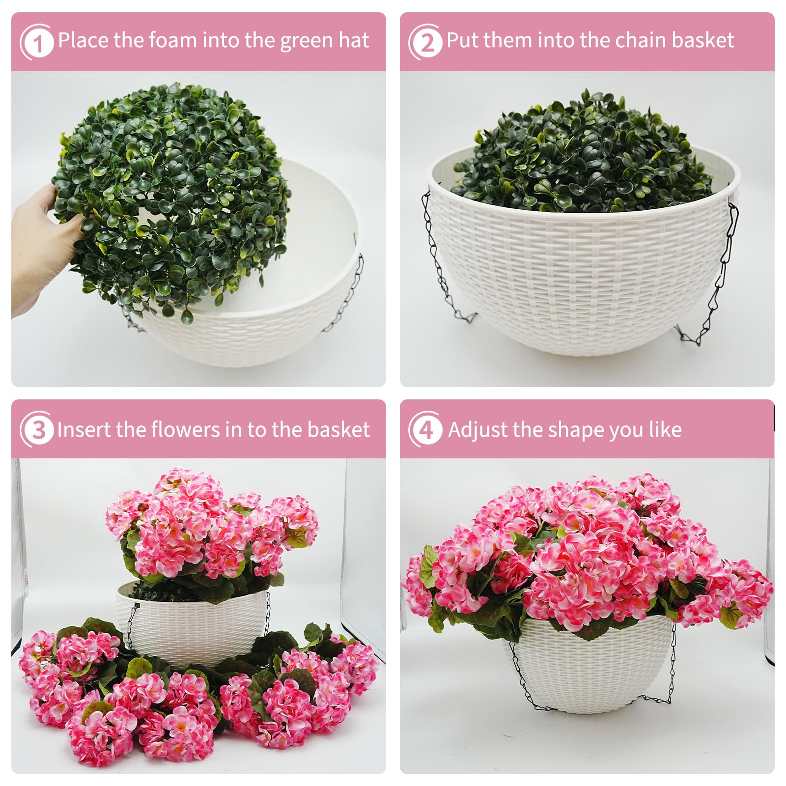 Garvee Lot de 2 géraniums artificiels avec 12 fleurs roses, résistants aux intempéries, panier blanc, à suspendre pour la décoration du jardin et de la terrasse