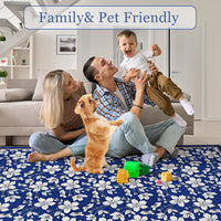 Tapis de salon lavable Garvee, motif floral vintage, poils courts, antidérapant, doux, grand format 160 x 230 cm, bleu