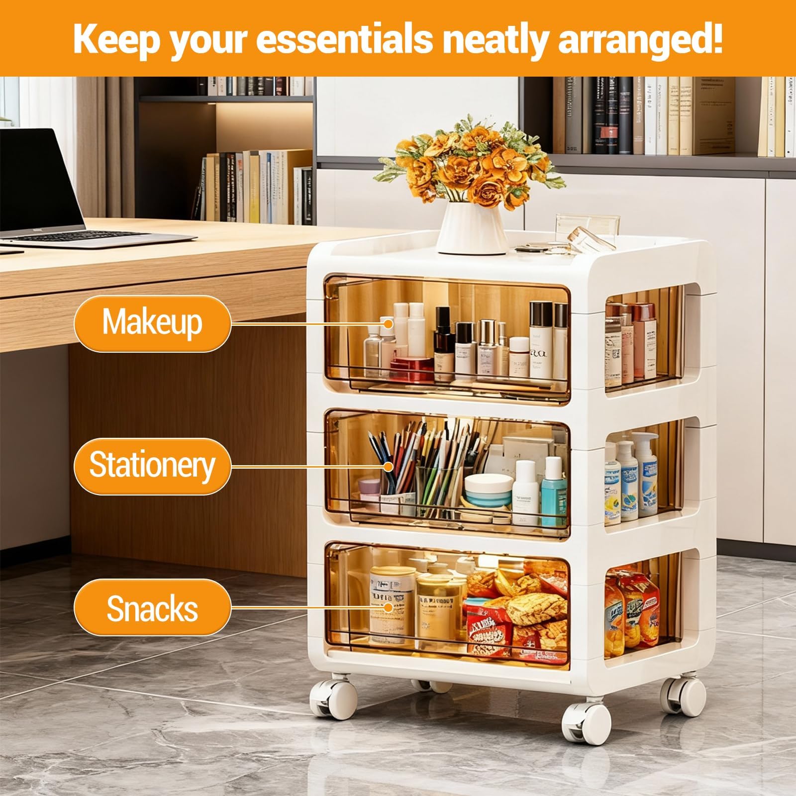 Organiseur ergonomique Garvee en plastique avec 3 tiroirs transparents pour le bureau et la maison, 36 L, beige, compact 33 x 38 x 71 cm, 4 roues avec freins