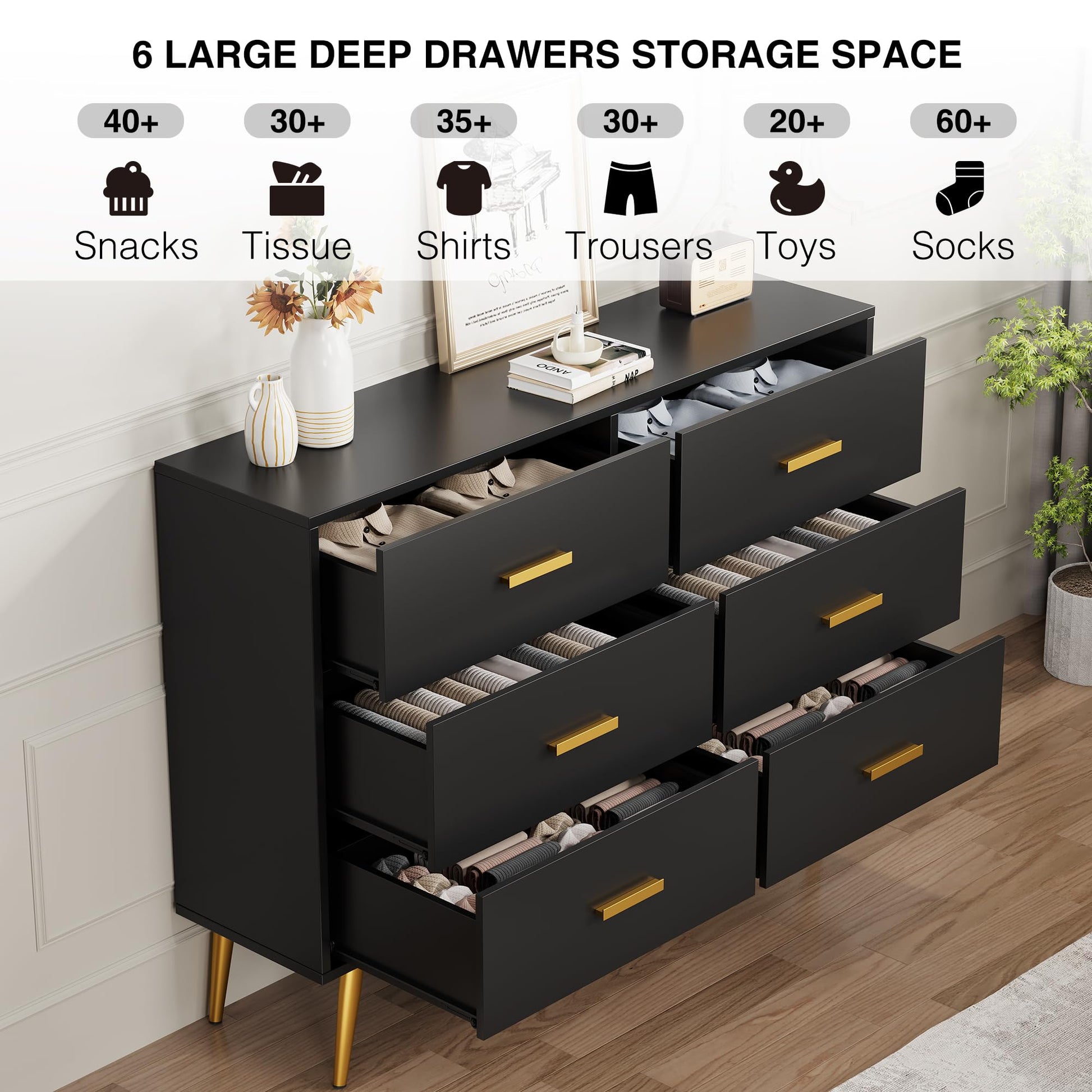 Commode moderne Garvee à 6 tiroirs avec rangement, en bois MDF, poignées dorées, pour chambre et salon, noire, polyvalente