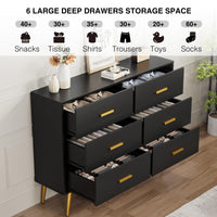 Commode moderne Garvee à 6 tiroirs avec rangement, en bois MDF, poignées dorées, pour chambre et salon, noire, polyvalente