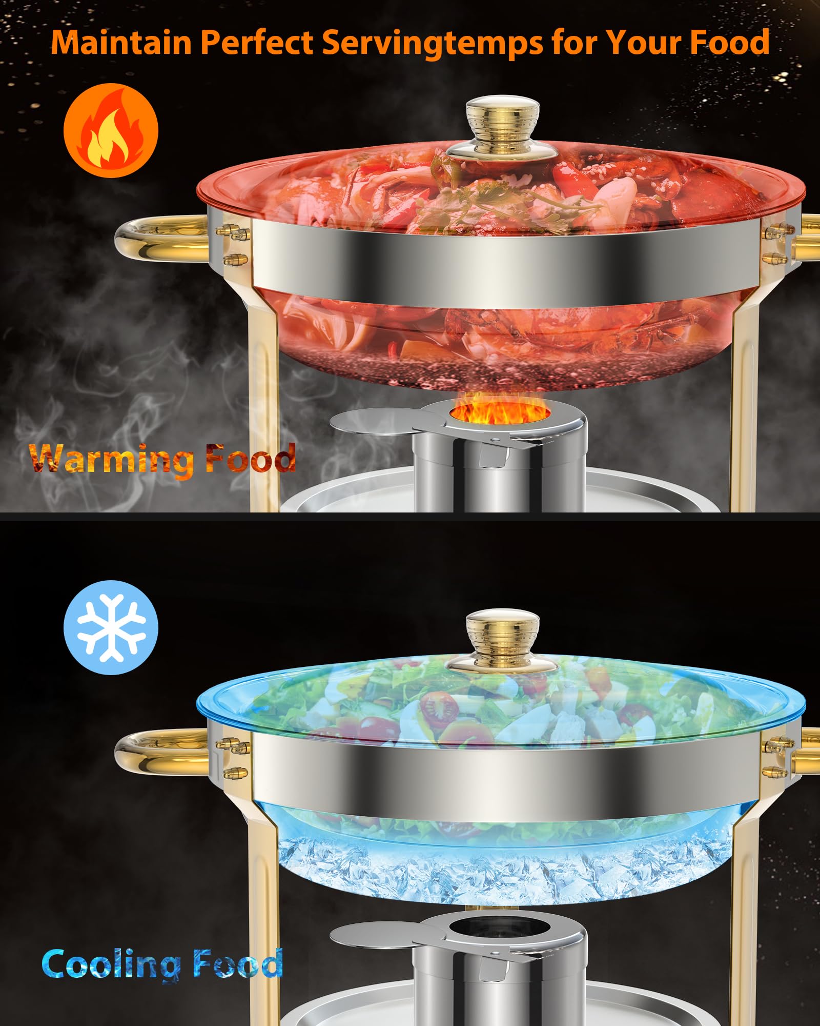 Ensemble de 4 plateaux chauffants Garvee pour buffet, 5 L, en acier inoxydable, avec supports de couvercle, idéal pour les fêtes, mariages et événements, couleur or.
