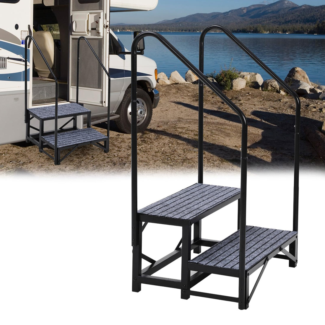 Escalier portable Garvee à 2 marches pour camping-cars, avec rampes, tapis antidérapants, en acier, stable et polyvalent, pour caravanes et piscines.