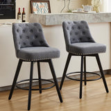 Garvee Tabourets de bar contre-hauteur lot de 2 pivotants 360° avec dossier boutonné tissu lin gris pieds bois solide pour cuisine et bar maison - Lin Gris