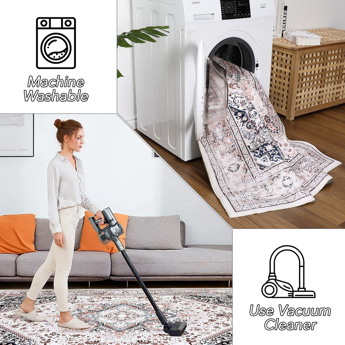 Tapis tribal persan GARVEE 200x290cm rose, lavable, antidérapant, doux, grand format, imprimé, non pelucheux, salon et chambre