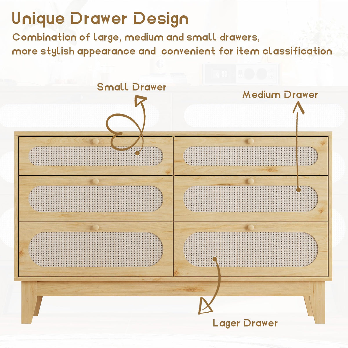 Garvee commode en rotin, 6 tiroirs, ports USB, bois naturel, style bohème, chambre et salon, 132 cm (L) × 79 cm (H), coloris naturel
