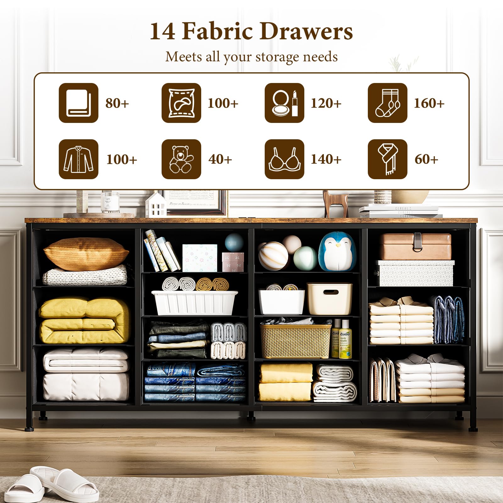 Garvee Meuble TV 160 cm pour téléviseurs 165 à 190 cm, 14 tiroirs, structure bois et tissu, prises intégrées, anti-basculement, idéal salon et chambre.