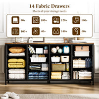 Garvee Meuble TV 160 cm pour téléviseurs 165 à 190 cm, 14 tiroirs, structure bois et tissu, prises intégrées, anti-basculement, idéal salon et chambre.