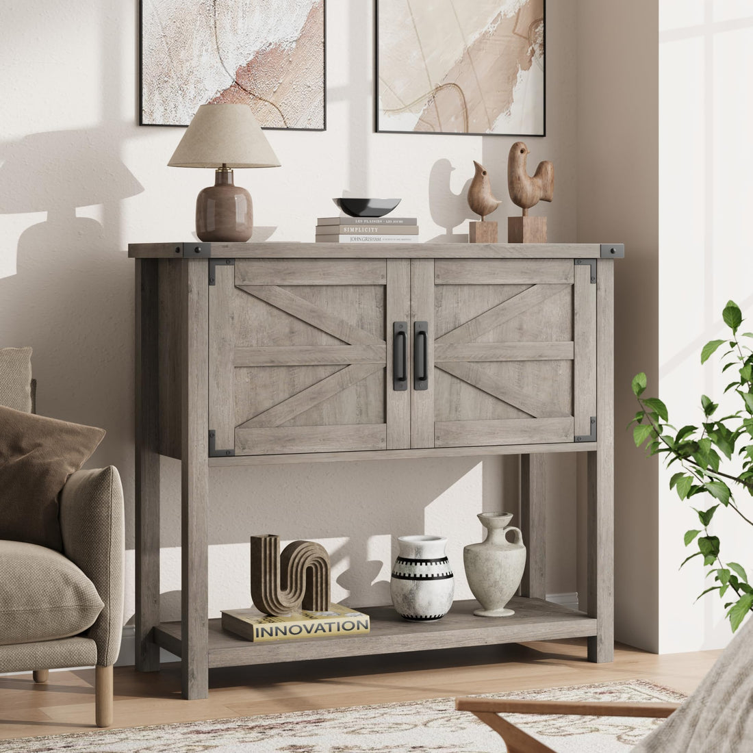 Console en bois Garvee style ferme avec 2 portes pour la cuisine et l'entrée, 80 x 36 x 86 cm, grise, robuste et multifonctionnelle