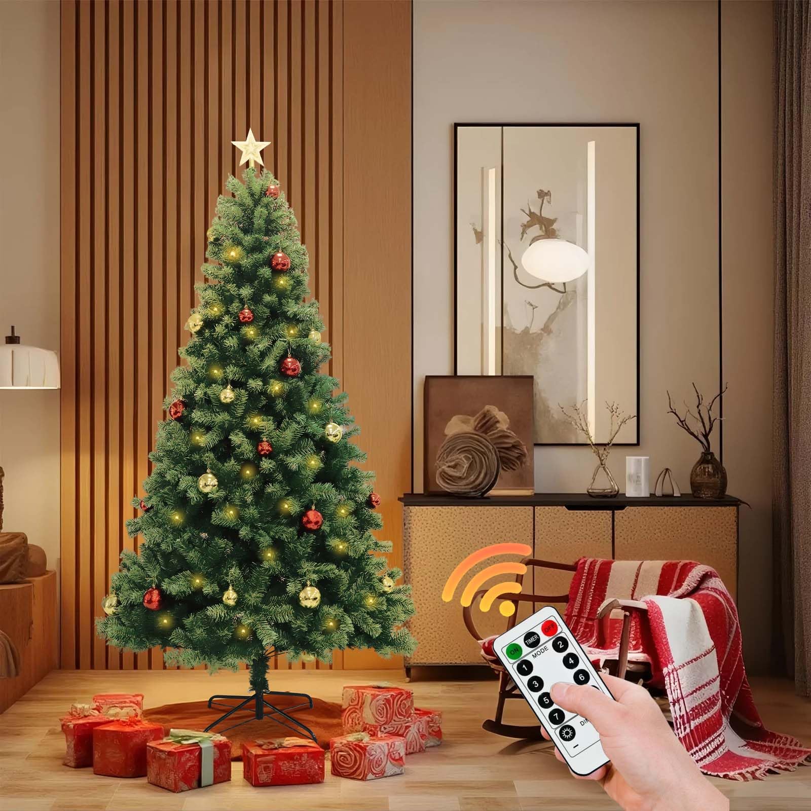 Sapin de Noël Garvee 180 cm effet neige avec télécommande - Sapin artificiel en PVC sans lumières pour la décoration du salon