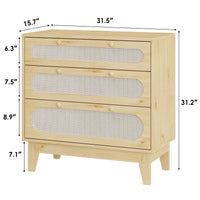 Commode Garvee à 3 tiroirs, bois et rotin, design moderne, salon et chambre, chêne clair, robuste et polyvalente