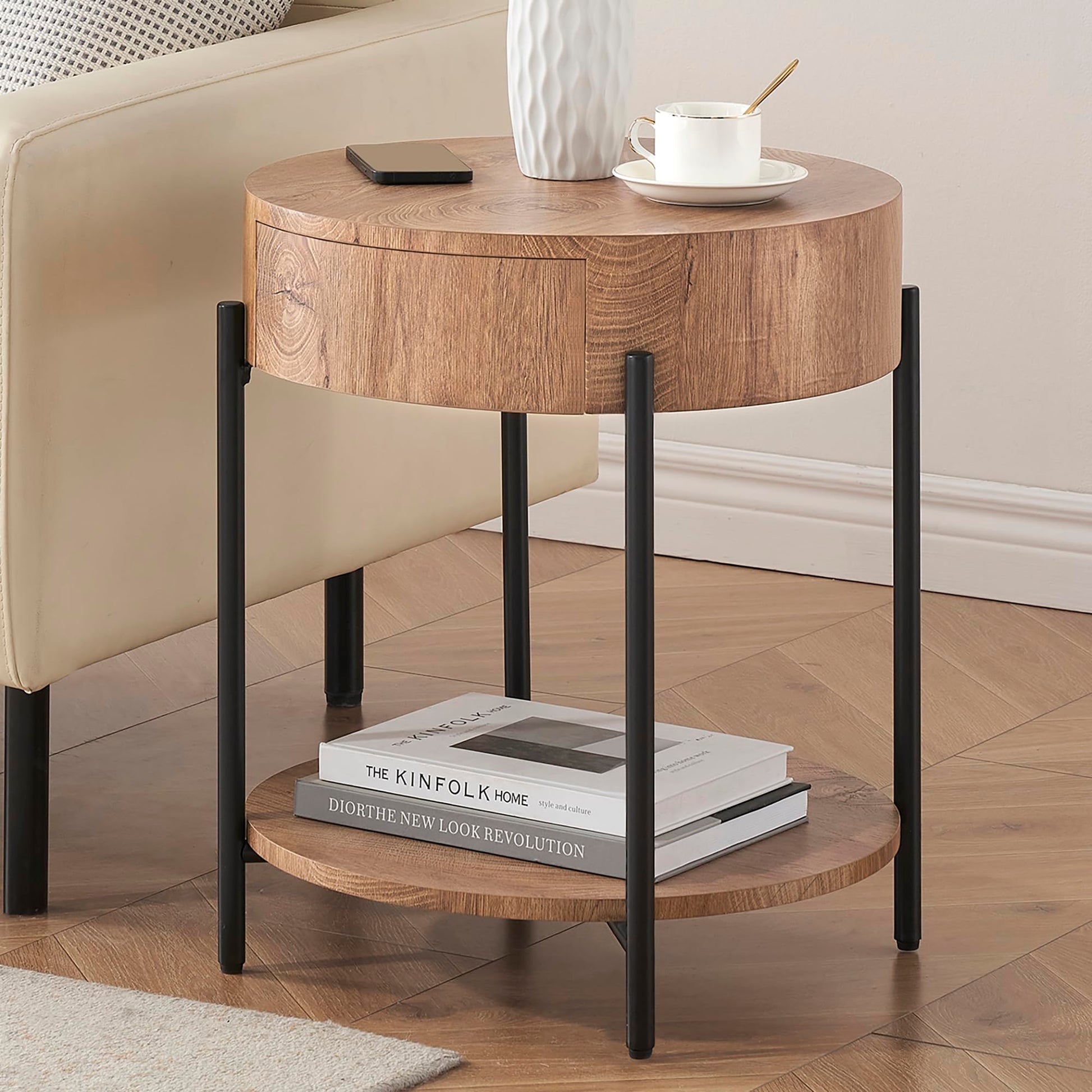 Table d'appoint ronde Garvee en bois avec tiroir, structure en métal, style vintage pour salon et chambre, 50 cm, marron