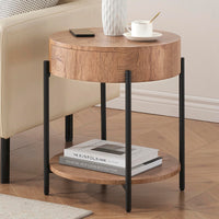 Table d'appoint ronde Garvee en bois avec tiroir, structure en métal, style vintage pour salon et chambre, 50 cm, marron