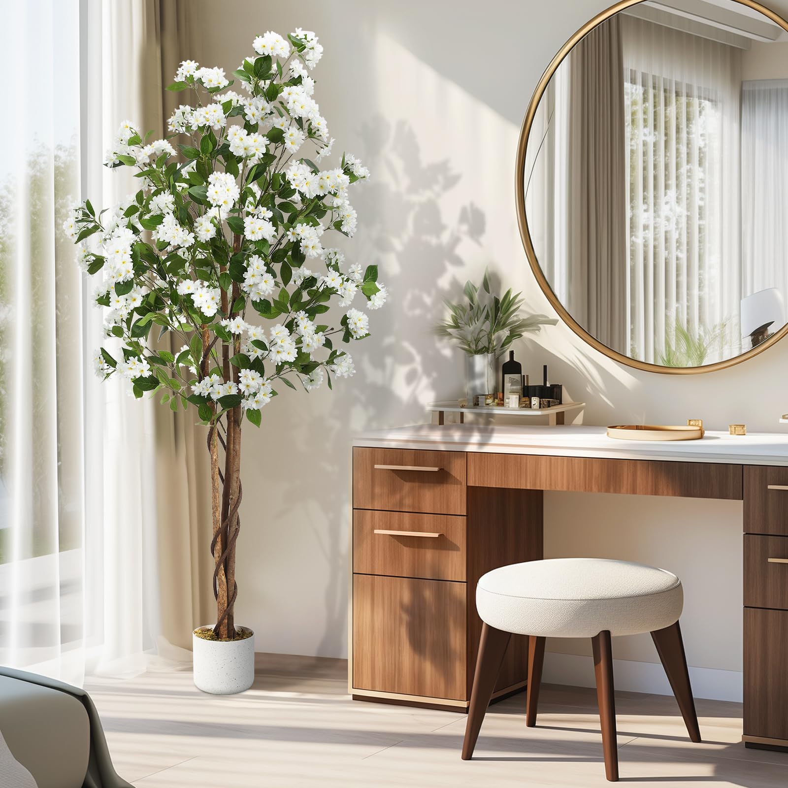 Osmanthus artificiel Garvee de 1,80 m avec 252 fleurs blanches, tronc en bois naturel, sans entretien, pot stable pour la décoration intérieure et extérieure