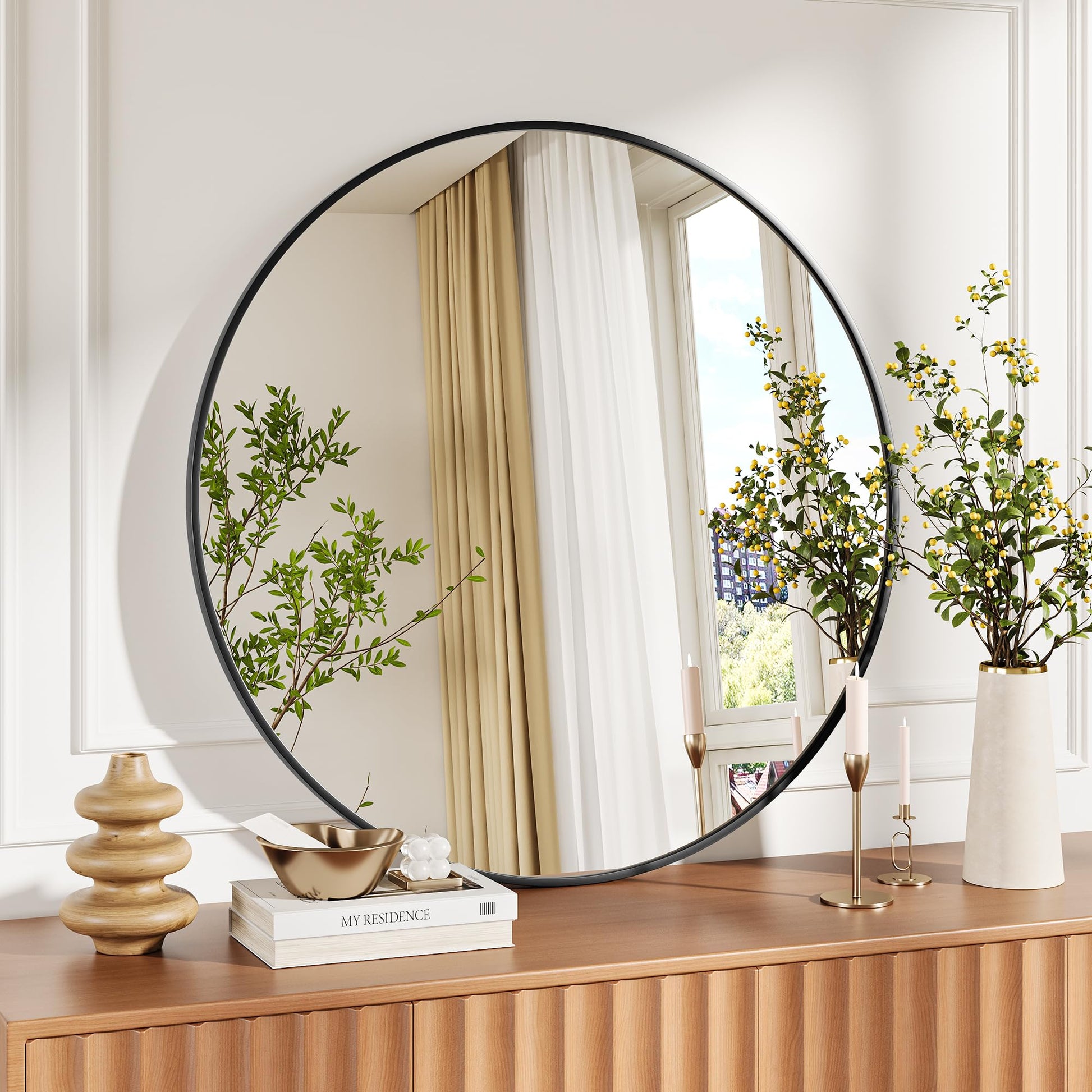 Miroir rond Garvee 32 pouces HD, cadre en métal noir mat écologique, pour salle de bain, salon ou couloir