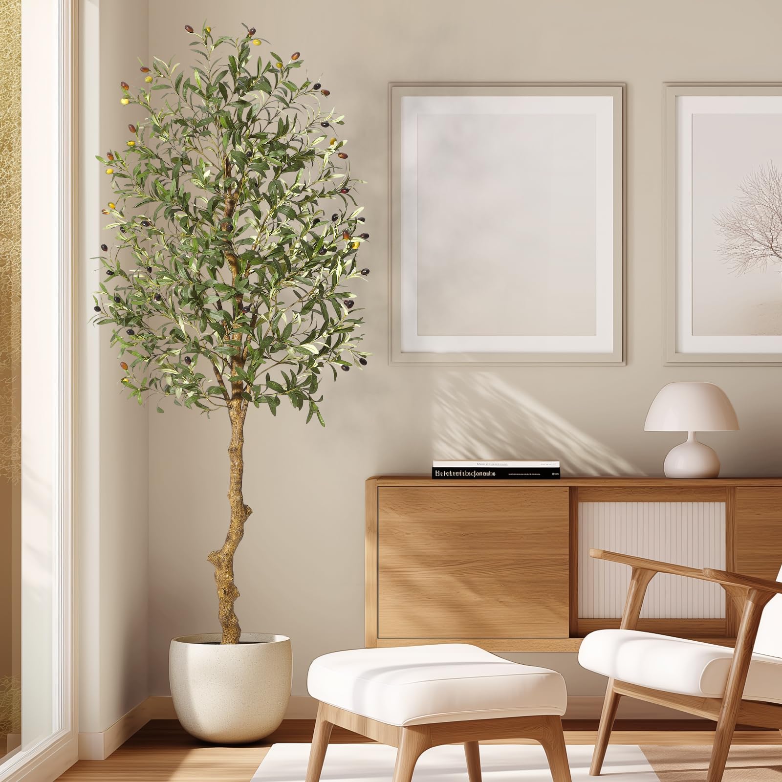 Olivier artificiel Garvee de 1,80 m avec feuilles en silicate et pot en ciment stable, idéal pour le salon et le bureau. Style réaliste et vert.