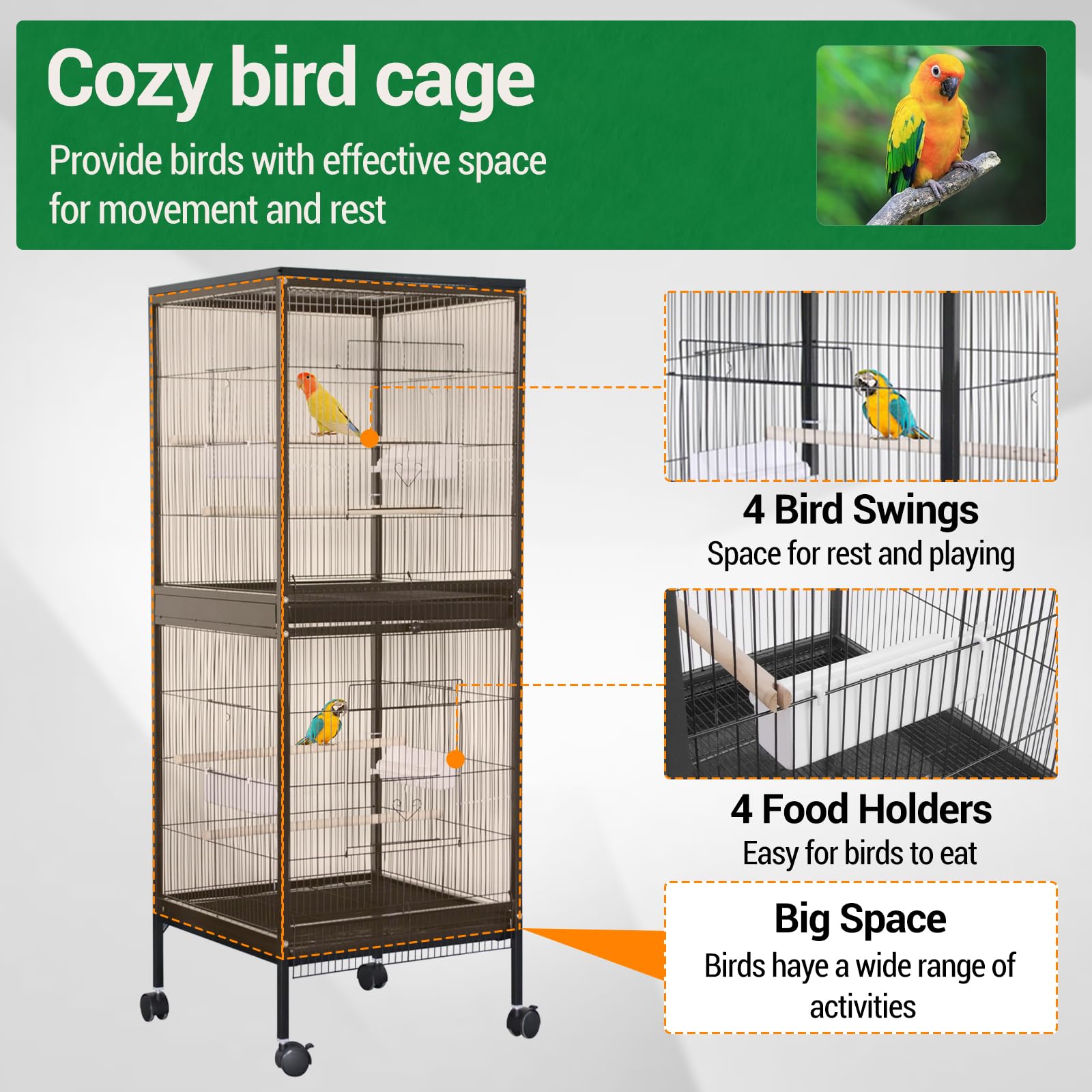 Cage à oiseaux Garvee 55" avec perchoirs en bois, métal, 4 portes, roulettes, pour oiseaux de petite et moyenne taille, usage domestique et vétérinaire, grande taille, noire