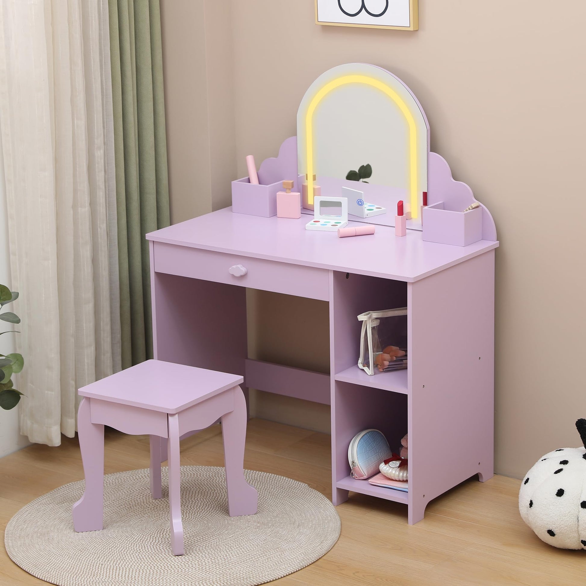 Garvee Coiffeuse Enfant avec Miroir Lumineux, Table et Tabouret 2 en 1, Grand Rangement, MDF Sûr, LED Réglable, pour Filles 3-9 Ans, Lilas