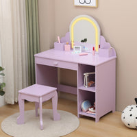 Garvee Coiffeuse Enfant avec Miroir Lumineux, Table et Tabouret 2 en 1, Grand Rangement, MDF Sûr, LED Réglable, pour Filles 3-9 Ans, Lilas
