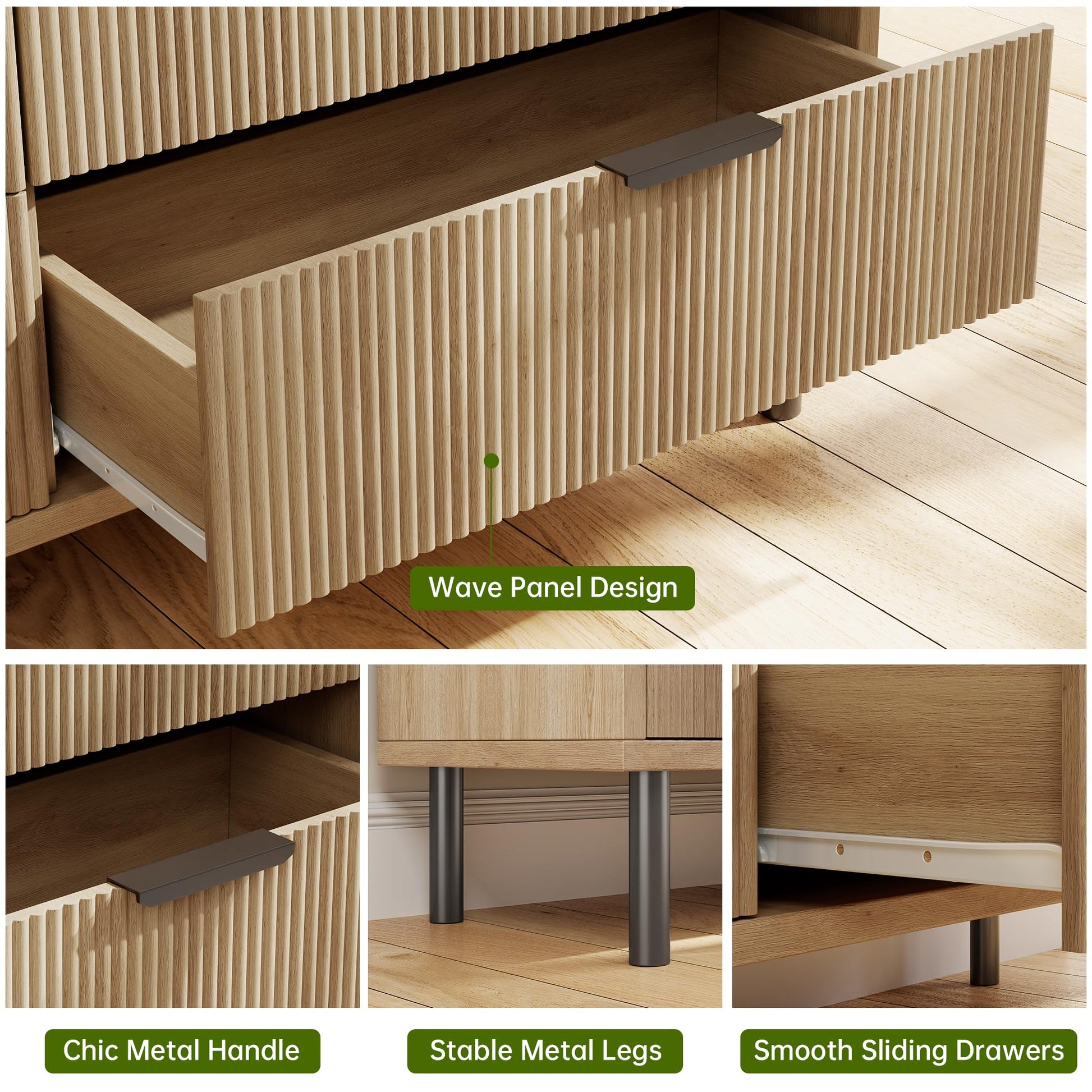 Garvee commode en chêne, 3 tiroirs, design cannelé, pieds en métal, protection anti-basculement, pour la chambre et le salon, noir