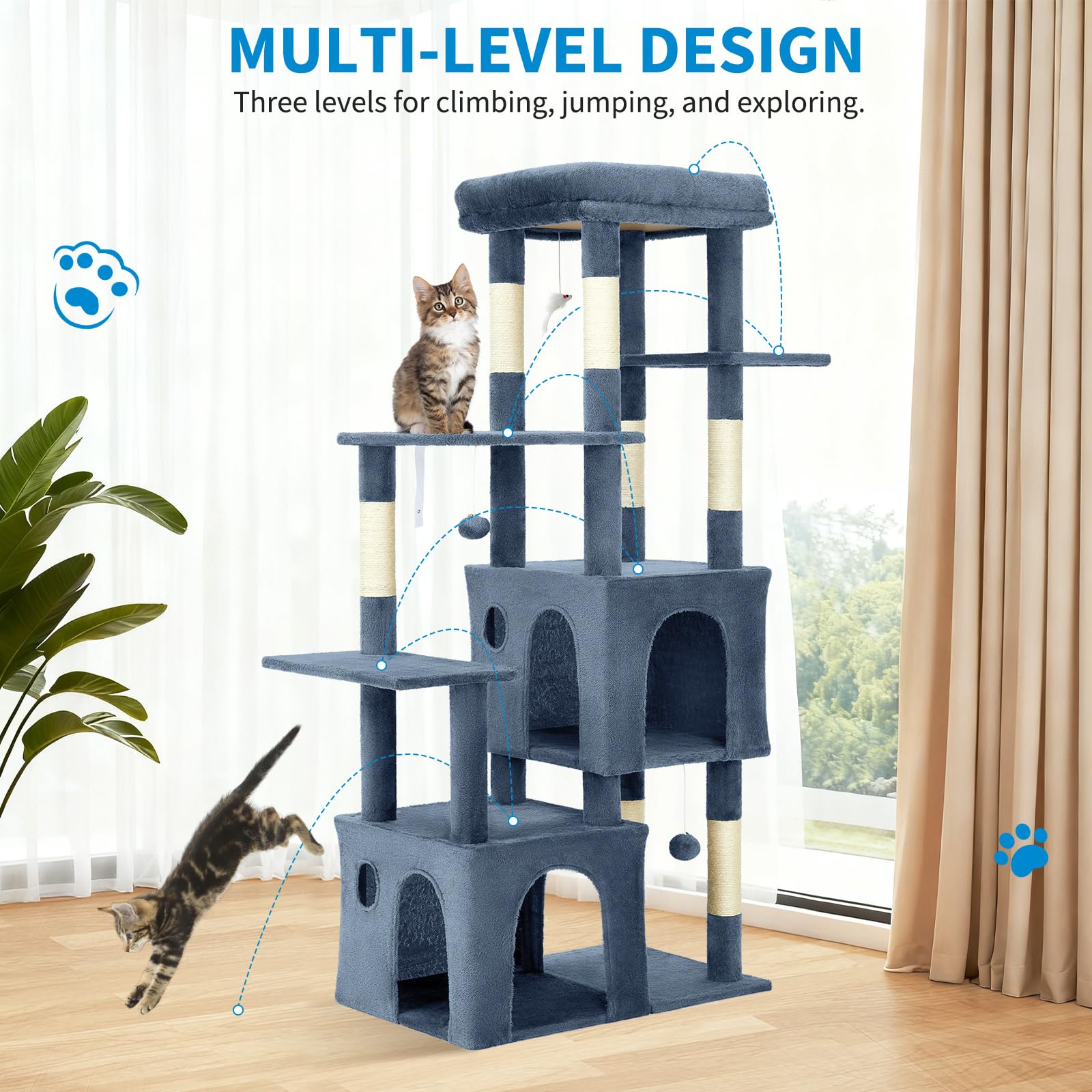 Garvee Arbre à Chat 155 cm Multi-Niveaux pour Grands Chats et Maine Coon, Grande Plateforme, 2 Niches, Sisal Naturel, Intérieur
