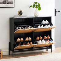 Garvee Meuble à chaussures à 4 tiroirs rabattables, en rougein avec pieds en métal, pour entrée et couloir, étroit, couleur naturelle, réglable