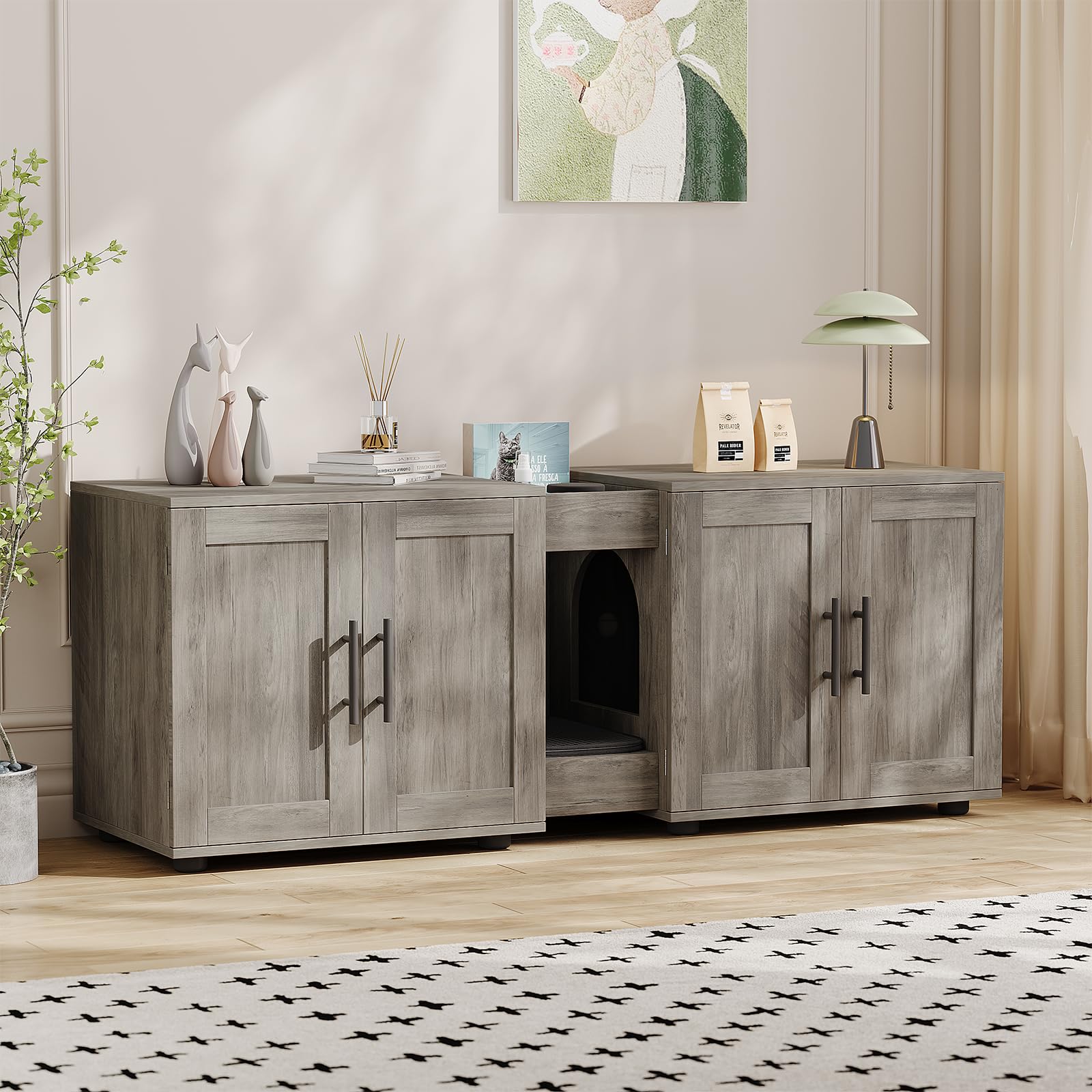 Garvee Meuble cache-litière 3-en-1 à double compartiment avec portes de grange, maison pour chat, gris