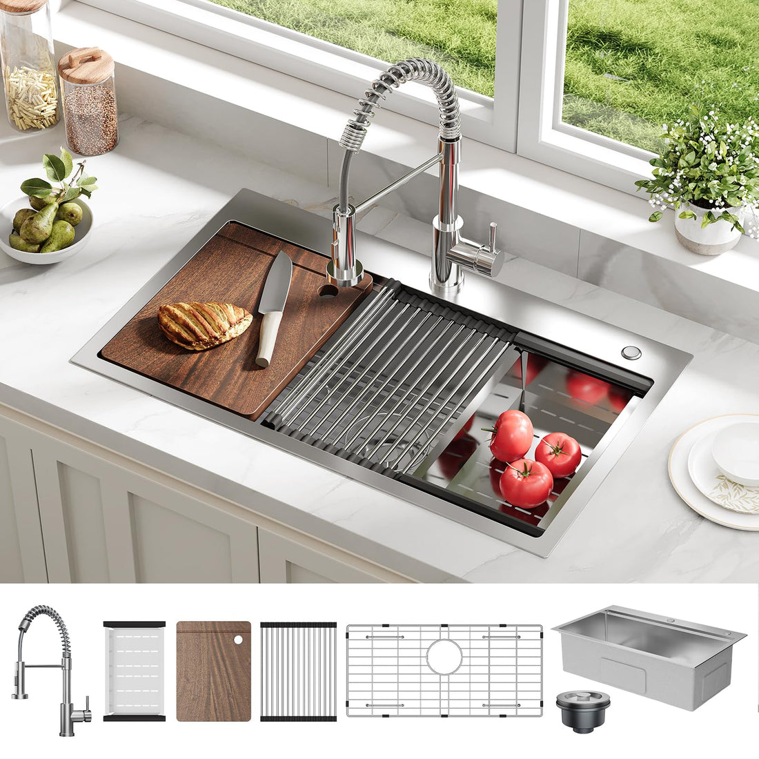 Garvee Évier de Cuisine Encastrable 1 Bac Profond en Acier Inoxydable 304, Robinet Ressort Extractible et Kit de Vidange, 76x46x23cm