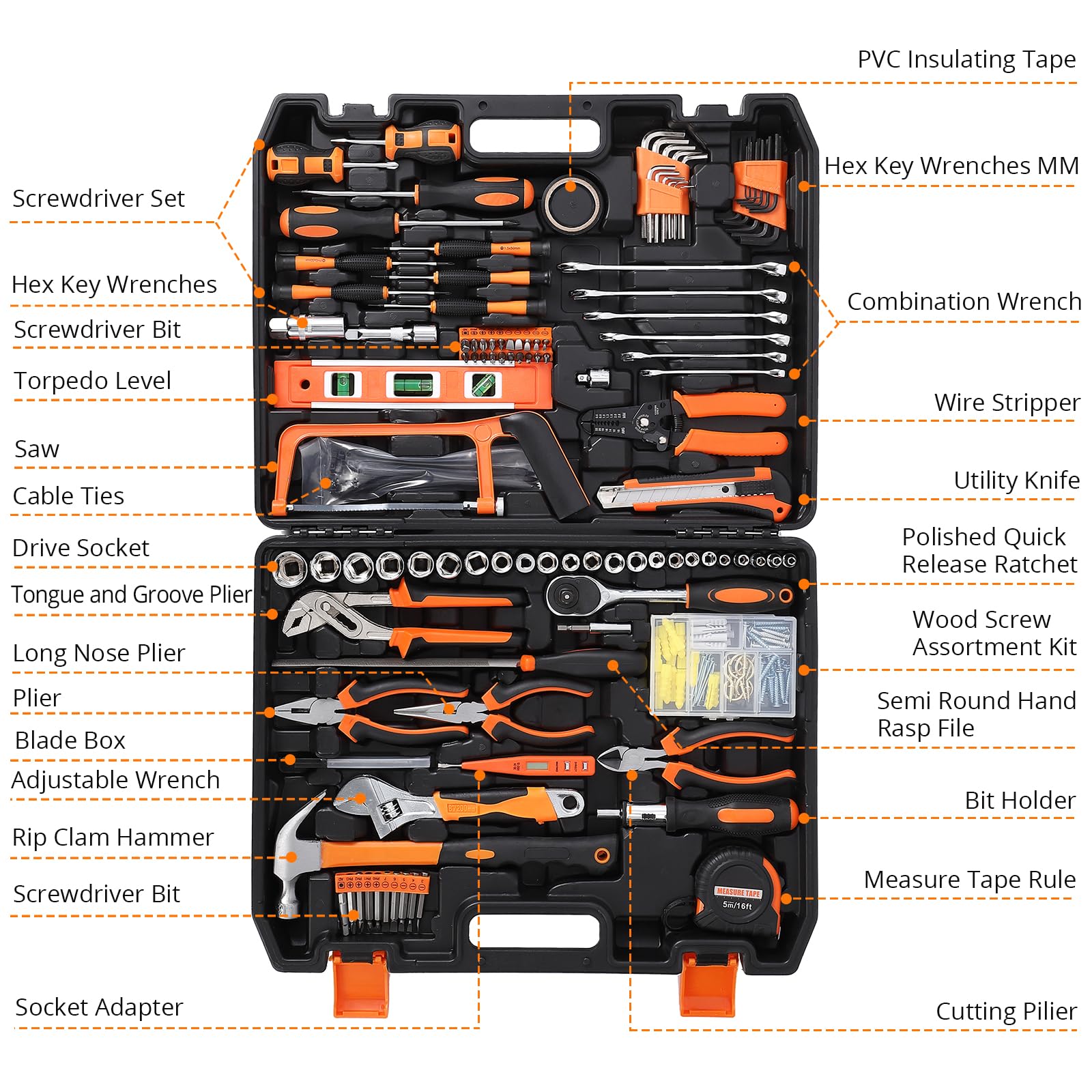 Coffret d'outils Garvee 236 pièces avec cliquet et tournevis pour réparation automobile et bricolage, poignées en acier et TPR, portable, coffret en plastique, 45 cm, noir