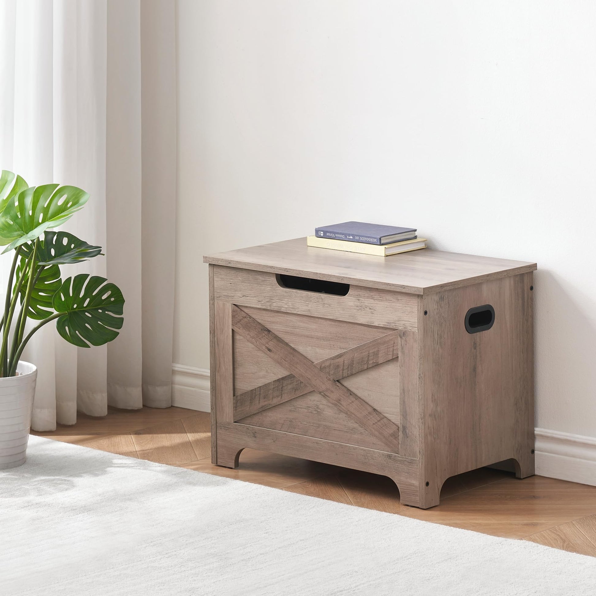 Banc de rangement Garvee avec verrou de sécurité, coffre en bois de style campagnard pour entrée et chambre, gris