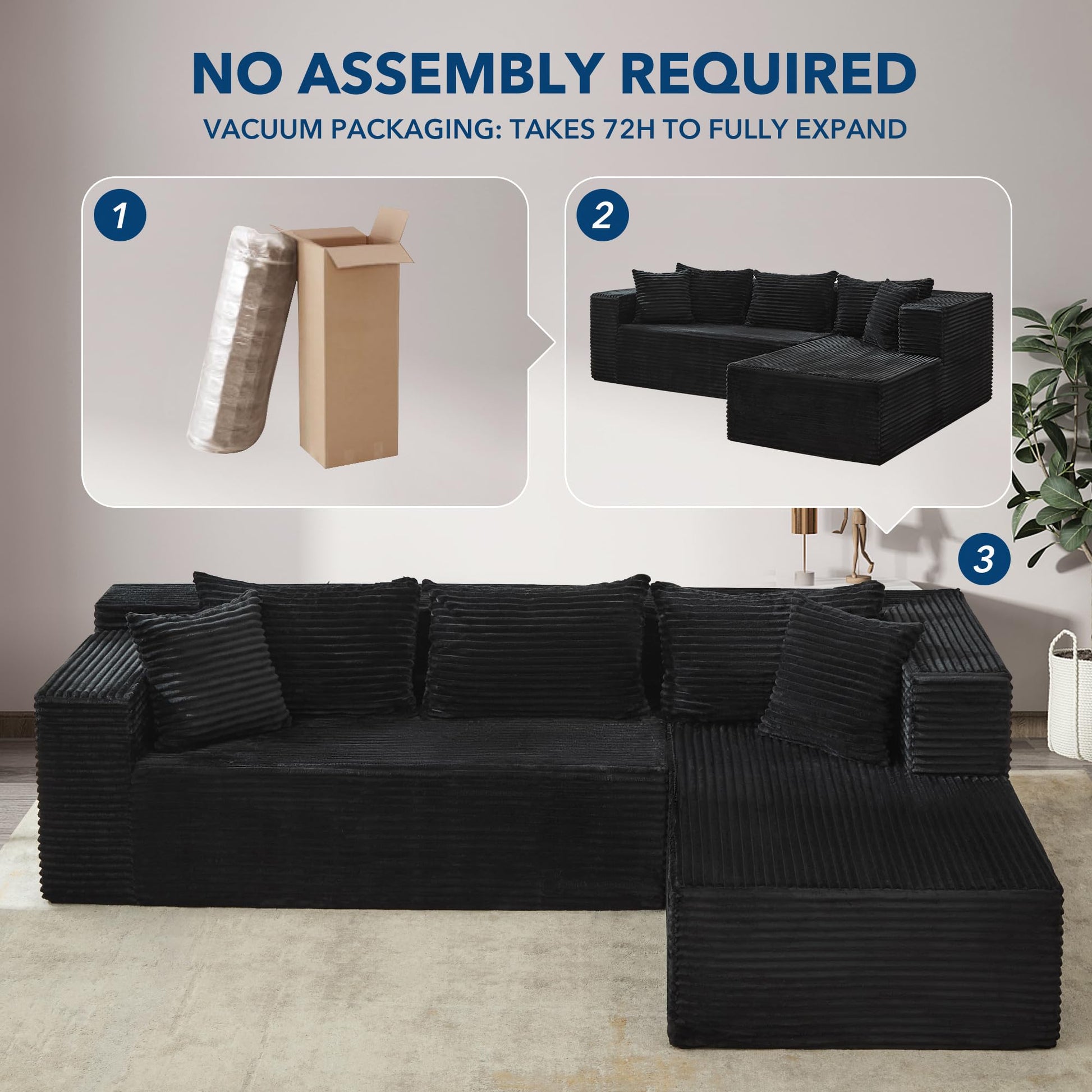 Canapé d'angle modulaire Garvee Cloud 106" en forme de L, noir, grand format, convertible, pour salon, assise profonde, confortable et moelleuse, aucun assemblage requis