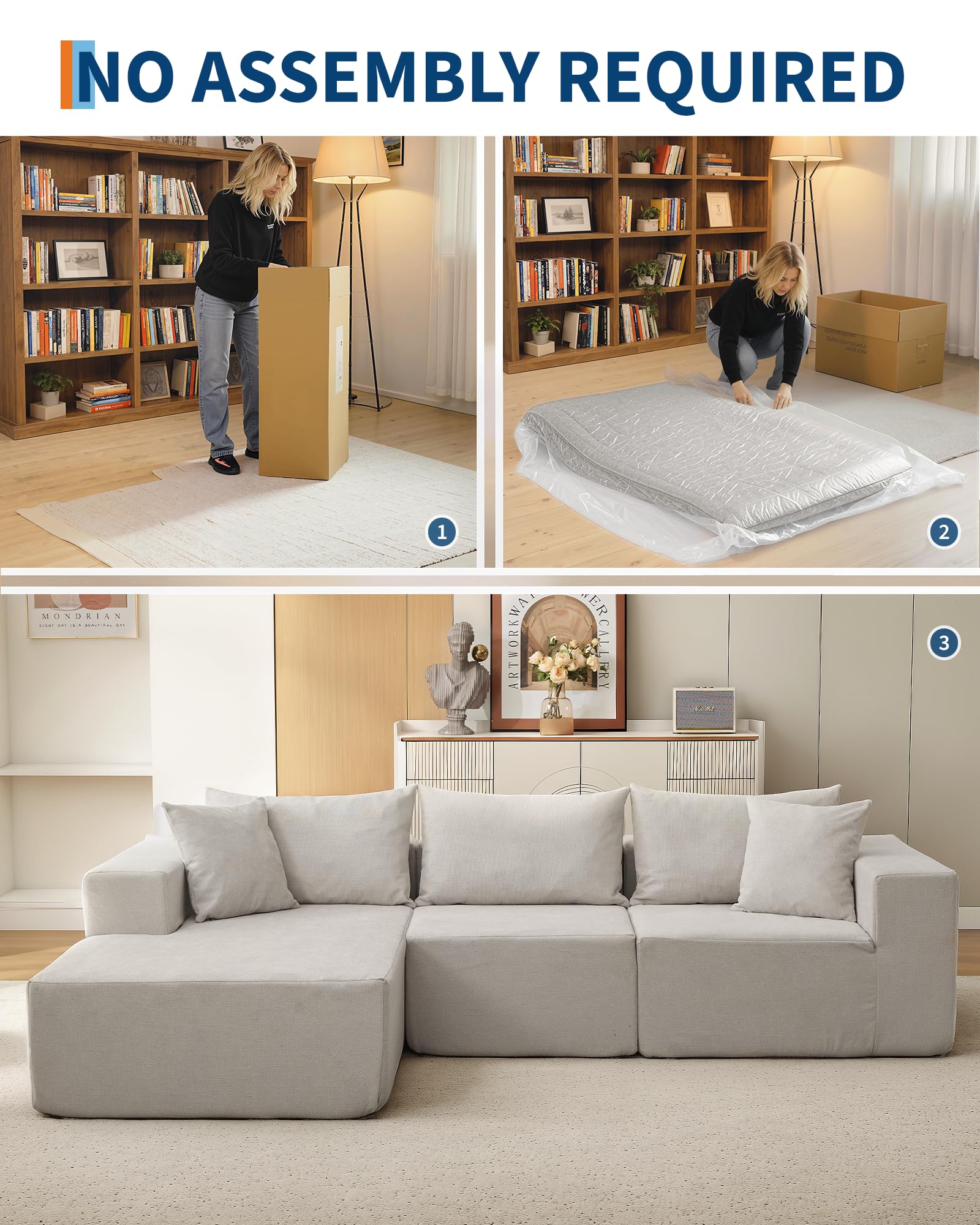 Canapé d'angle modulaire Garvee Cloud 108" avec méridienne, confort sans os, en forme de L, tissu polymère, canapé-lit, salon, confortable, polyvalent