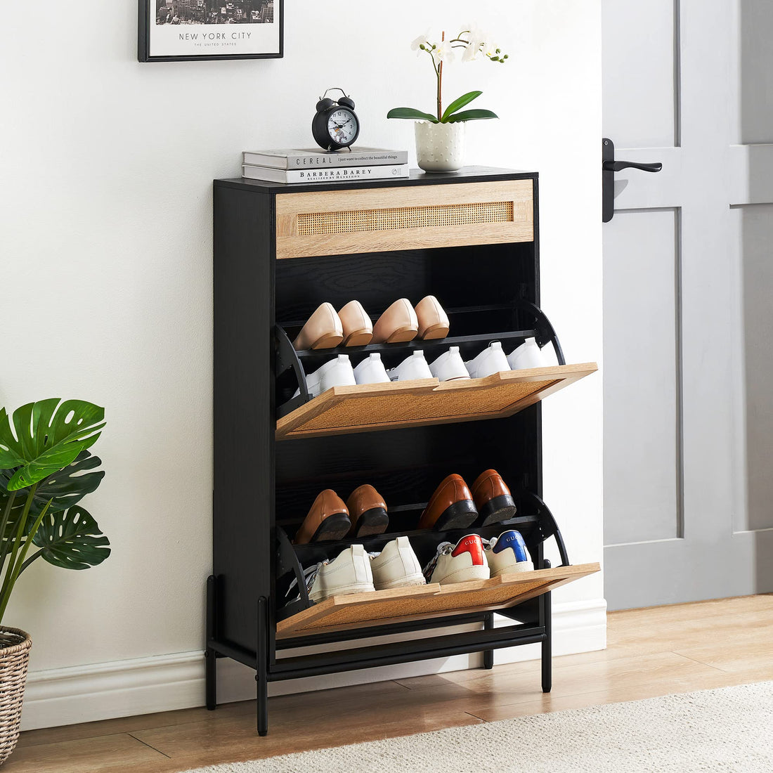 Garvee Meuble à chaussures à 2 tiroirs rabattables, avec 1 tiroir, organisateur de chaussures en rougein pour entrée, 61 x 24 x 102cm