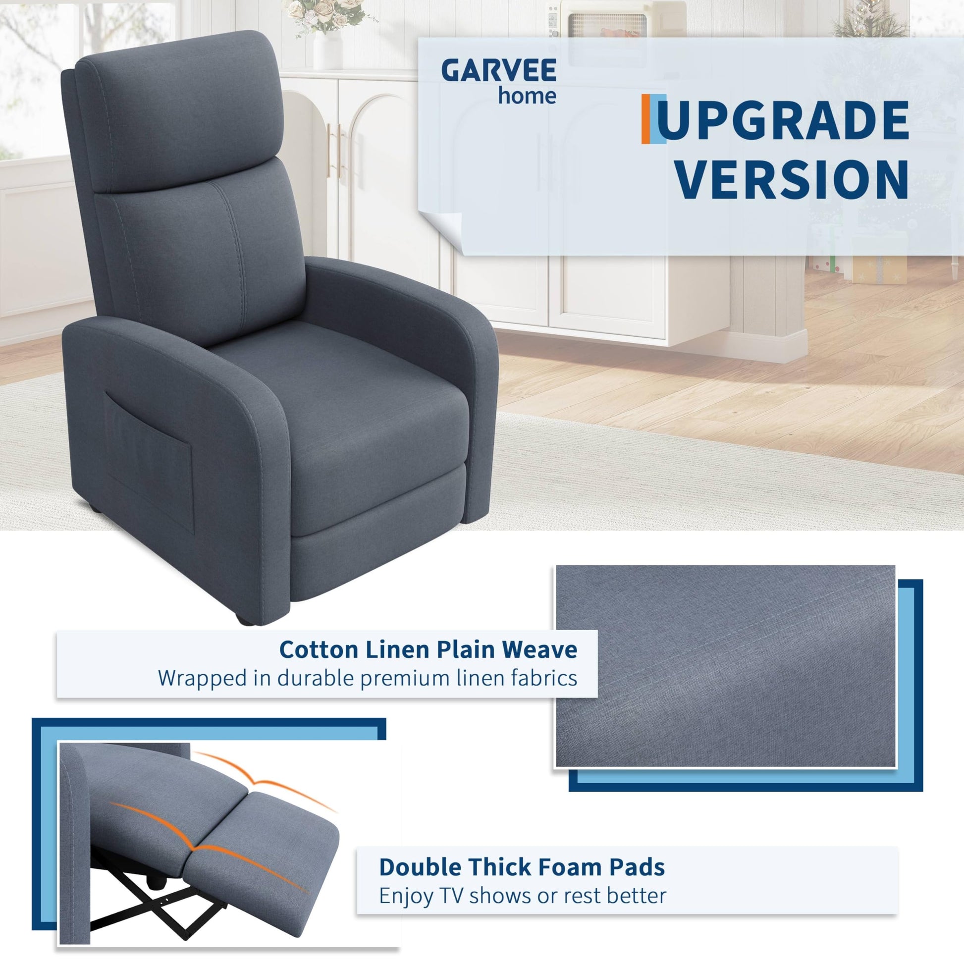 Fauteuil inclinable Garvee pour adultes, ergonomique et réglable, siège confortable avec poche latérale, dossier haut, larges accoudoirs, canapé de salon