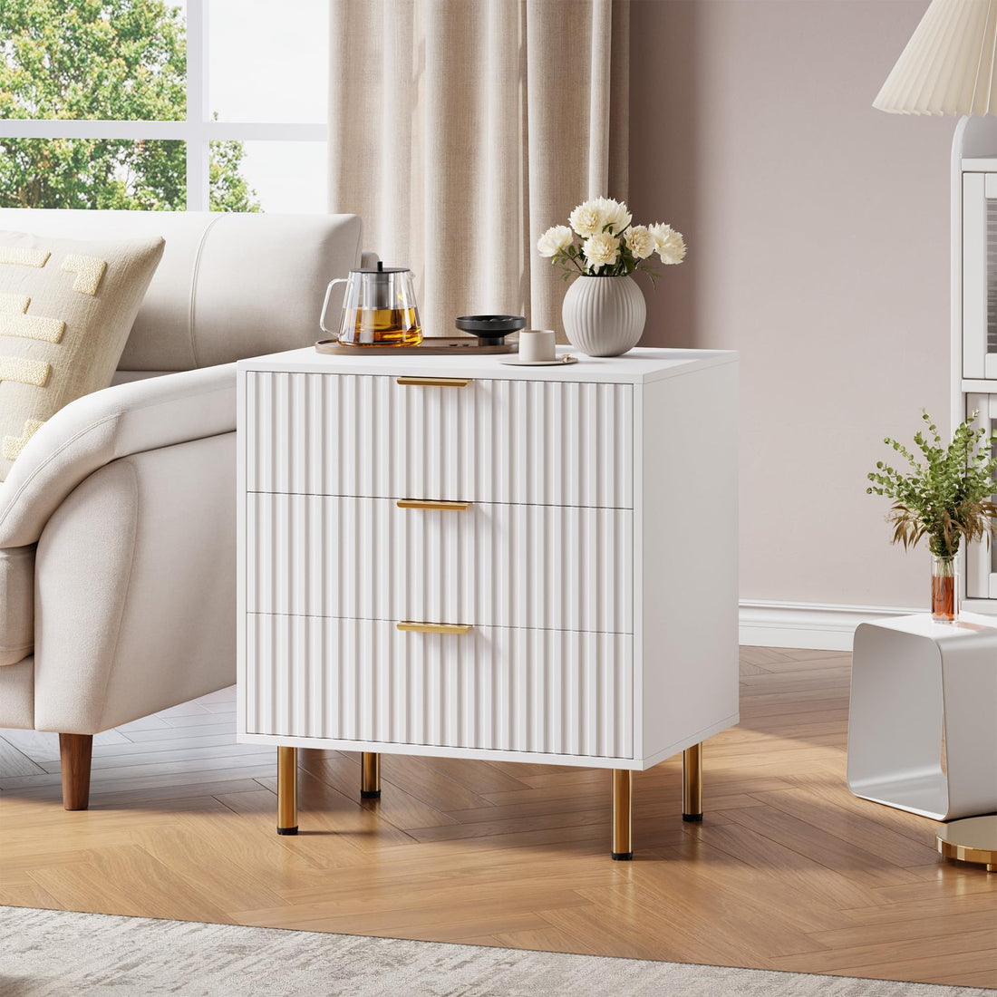 Commode Garvee blanche à 3 tiroirs, MDF moderne cannelé, résistant à l'eau, pour salon, chambre, chambre d'enfant