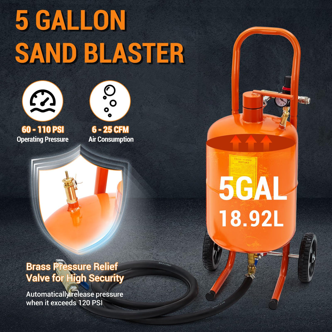 Sableuse Garvee 5 gallons avec 4 buses en céramique, séparateur huile-eau portable pour l'élimination de la rouille, tuyau en acier de 2,4 m.