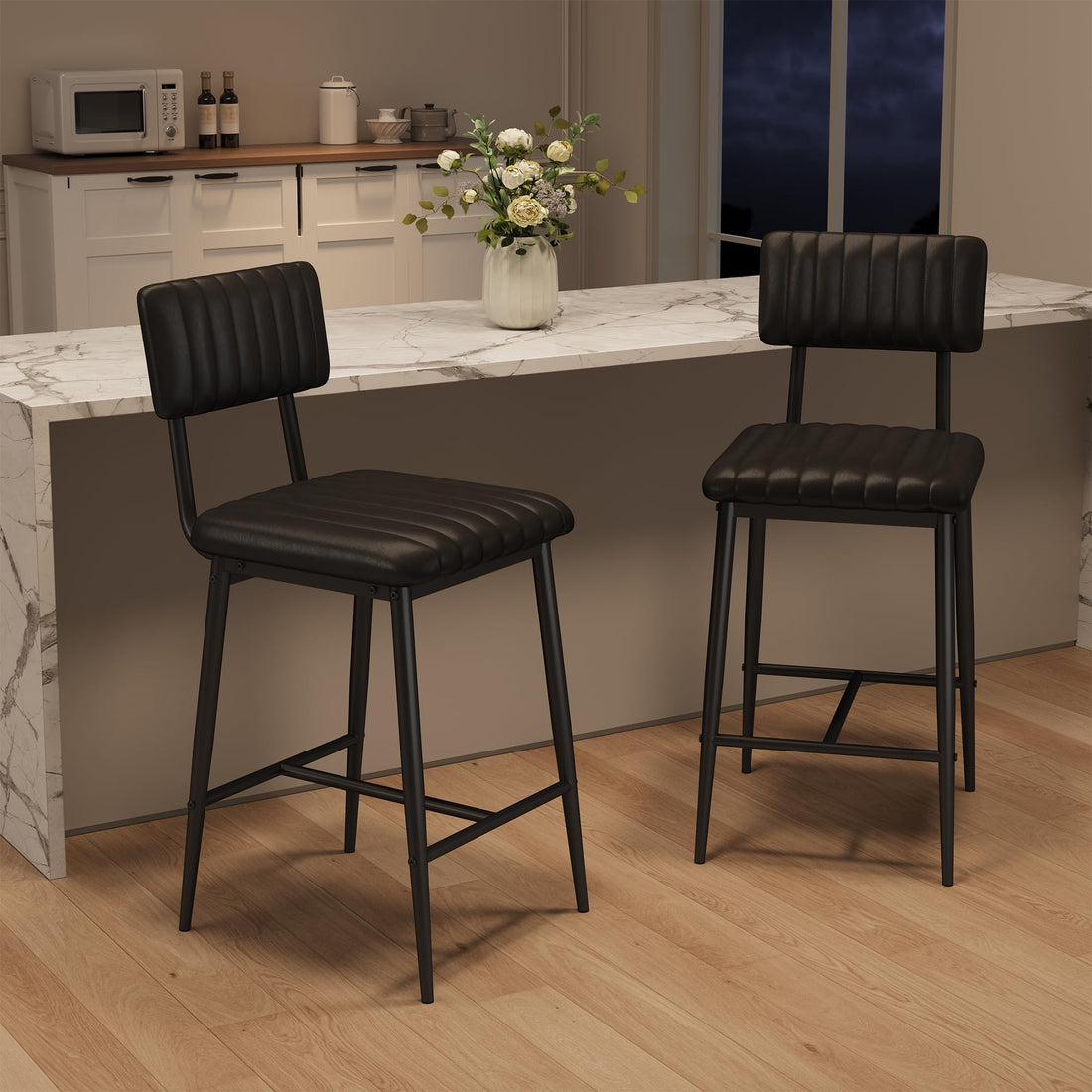 Ensemble de 2 tabourets de bar Garvee, en cuir PU, rembourrage épais, pieds en métal, dossier et repose-pieds, idéal pour îlot de cuisine, 65 cm (25,6 pouces), stable et élégant.