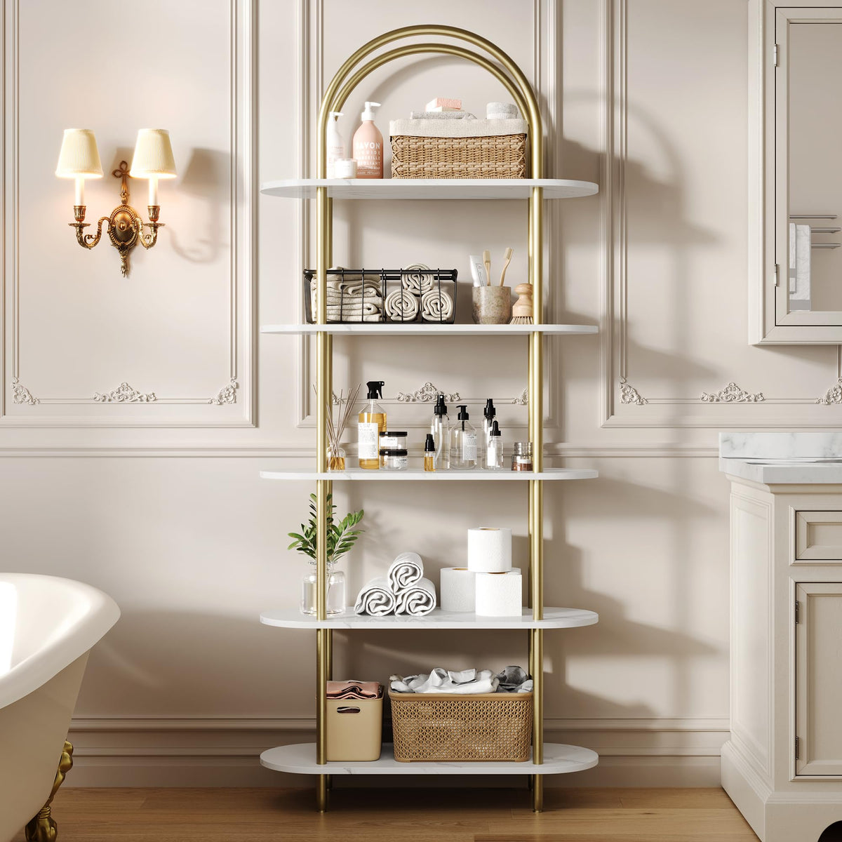 Garvee Étagère arquée 180,3cmà 5 niveaux, structure en métal, finition marbre doré et blanc, pour le salon