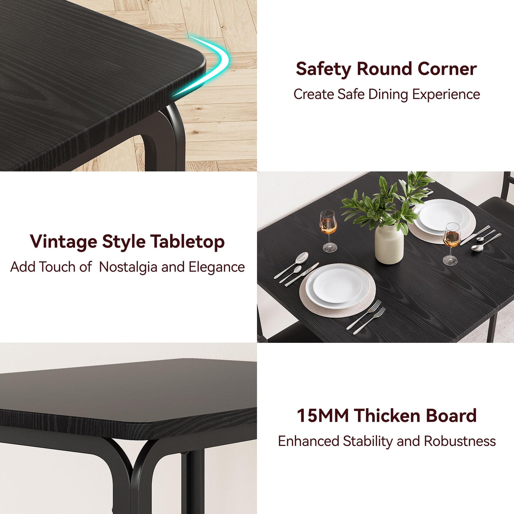 Ensemble table et chaises 3 pièces Garvee pour 2 personnes, plateau en MDF, gain de place, stable, idéal pour la cuisine et la salle à manger, design moderne, noir