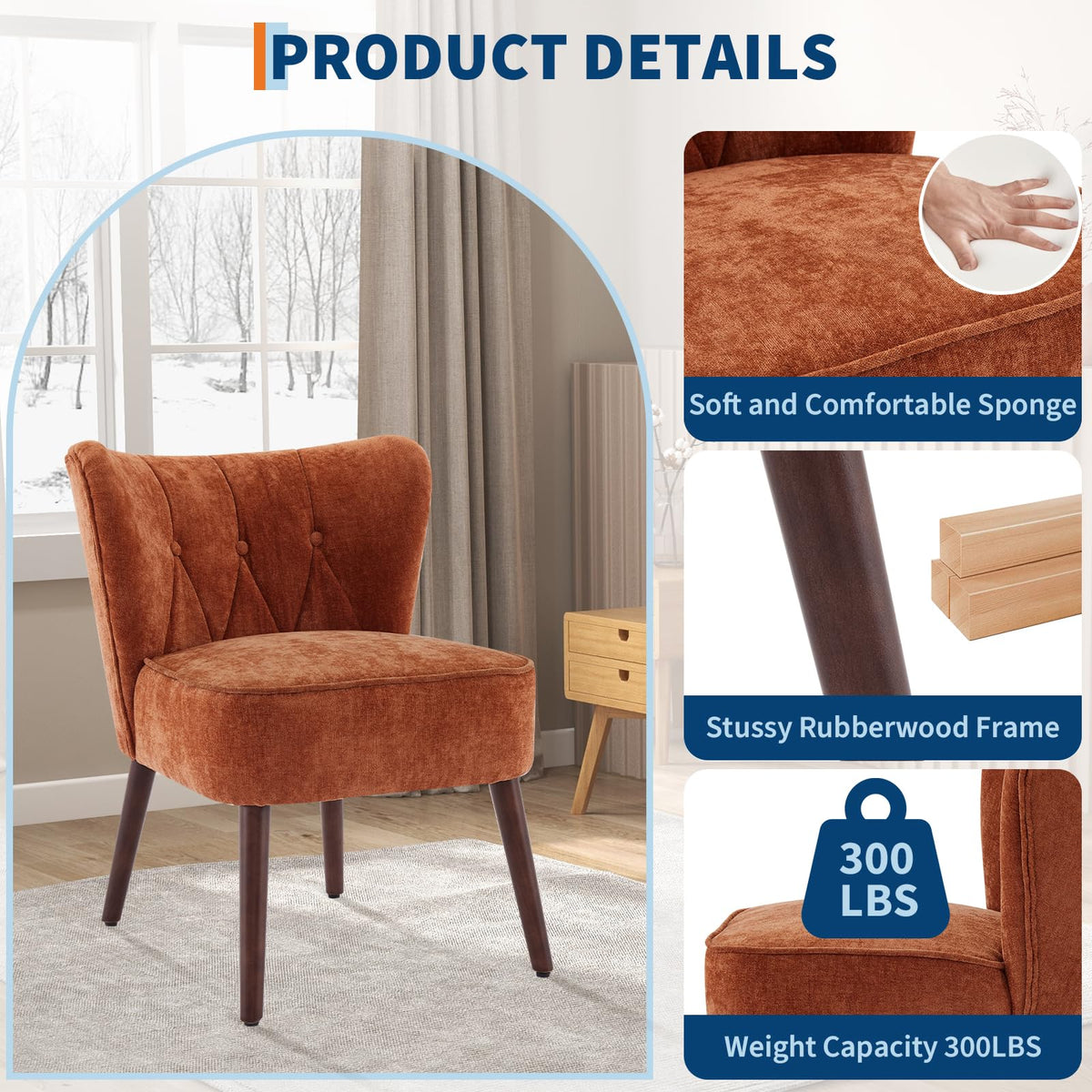 Fauteuil d'appoint Garvee style moderne du milieu du siècle, ergonomique, à oreilles, sans accoudoirs, revêtement en velours, 56 x 66 cm (22 x 26 pouces), pour salon ou bureau