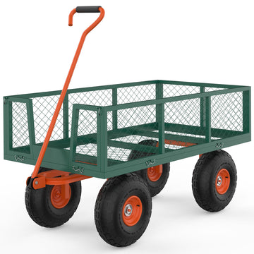Garvee Chariot de jardin en acier robuste, charge 227 kg, ridelles amovibles, pneus tout-terrain de 25 cm et poignée pivotante, vert et orange